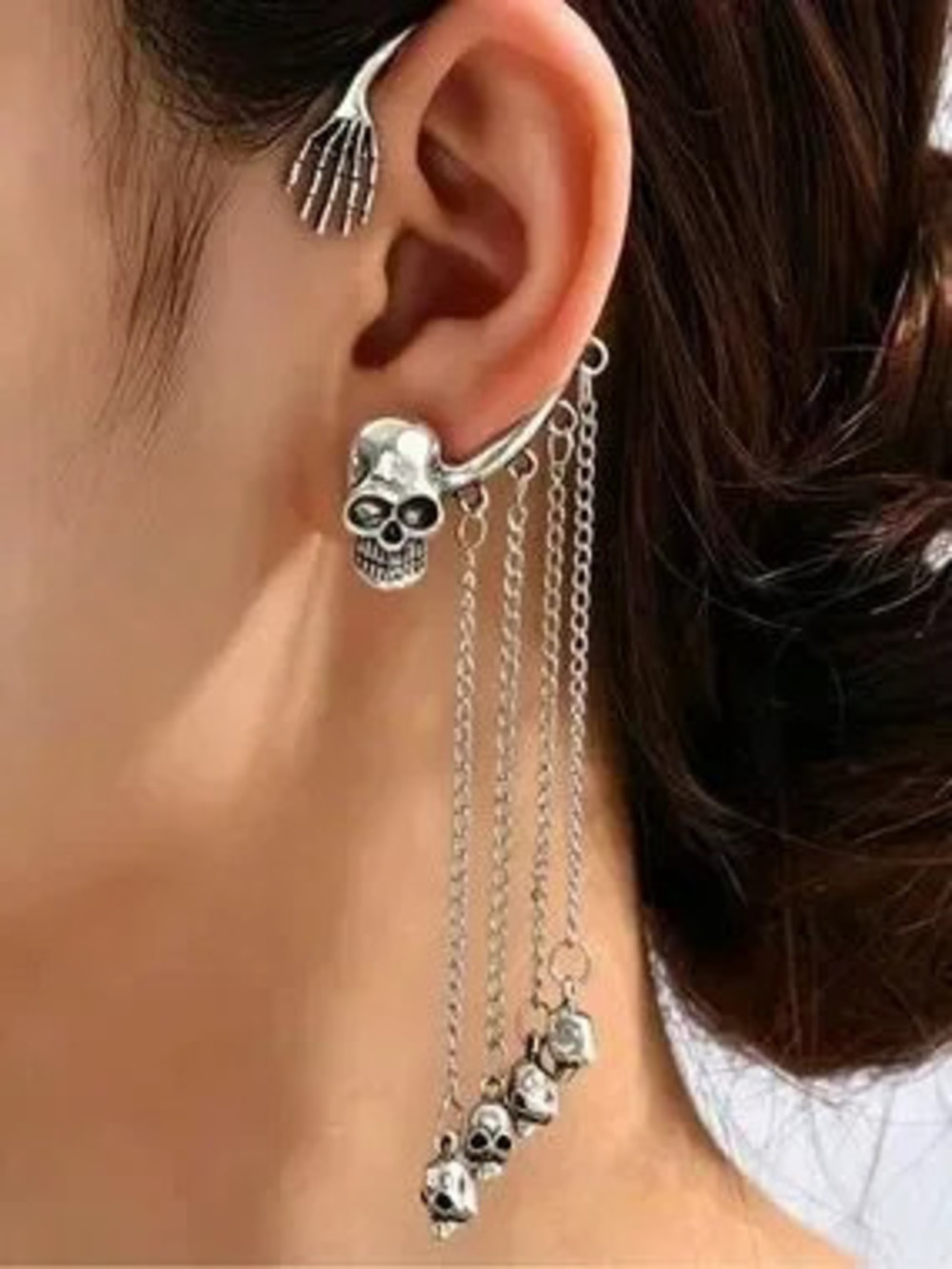 Silver Skull Chain Ear Cuff